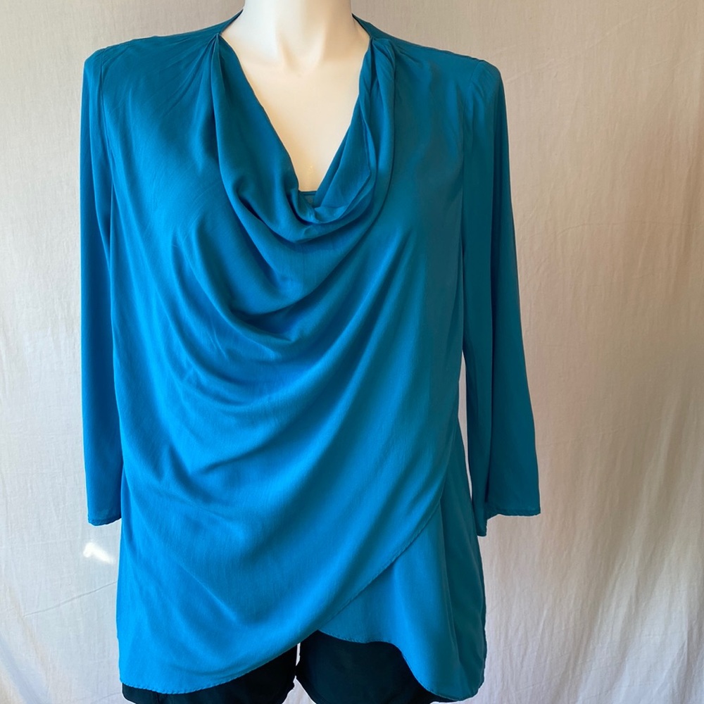 Spense Teal Cowl Neck 3/4 Sleeve Blouse, XL